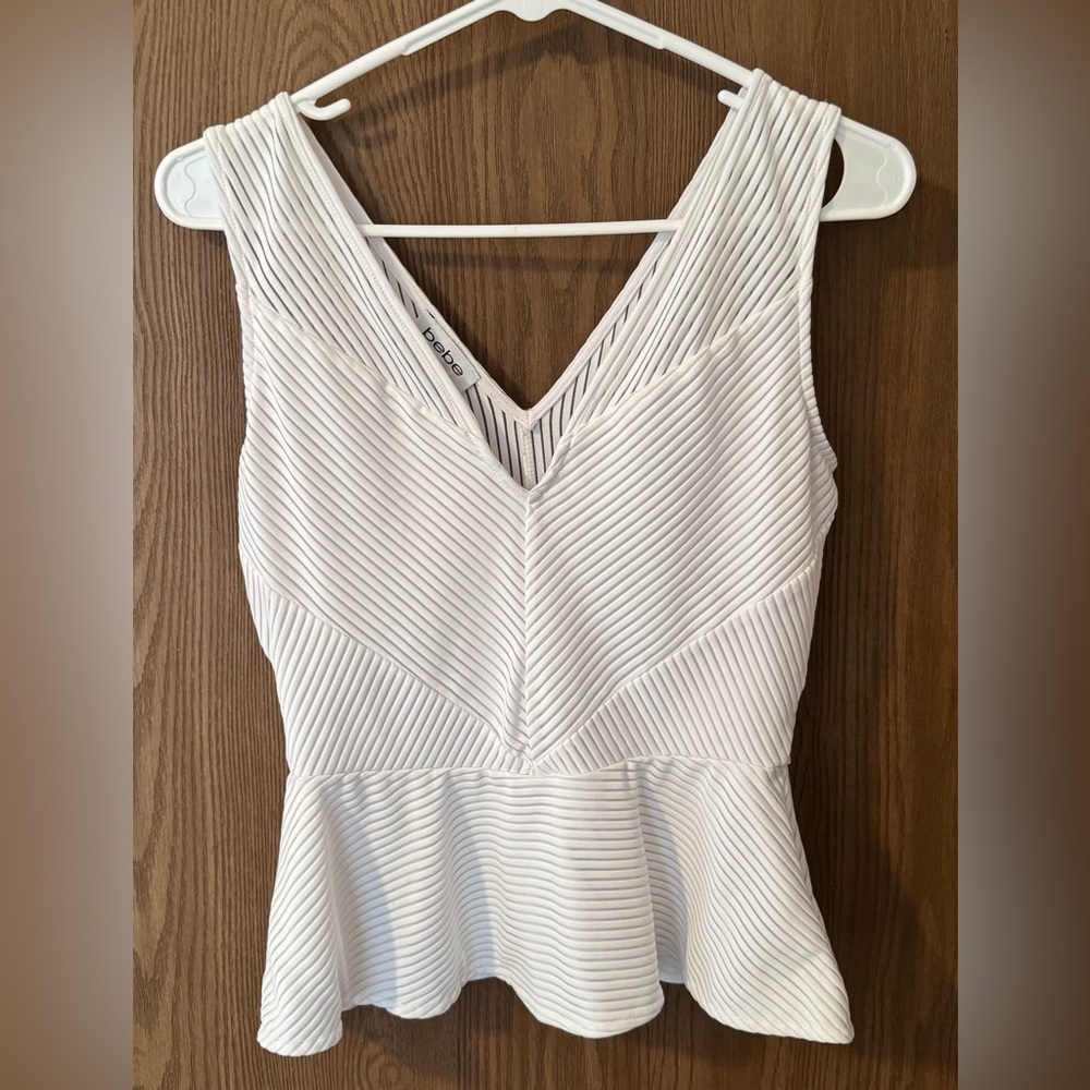 Bebe Classic White Striped Peplum Top